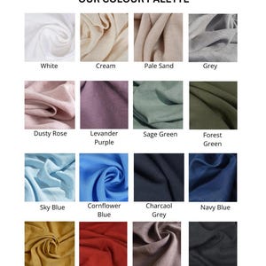 May include: Color palette from Amber Linen featuring swatches of fabric in various colors, including white, cream, pale sand, grey, dusty rose, lavender purple, sage green, forest green, sky blue, cornflower blue, charcoal grey, navy blue, mustard yellow, red, taupe brown, and black.