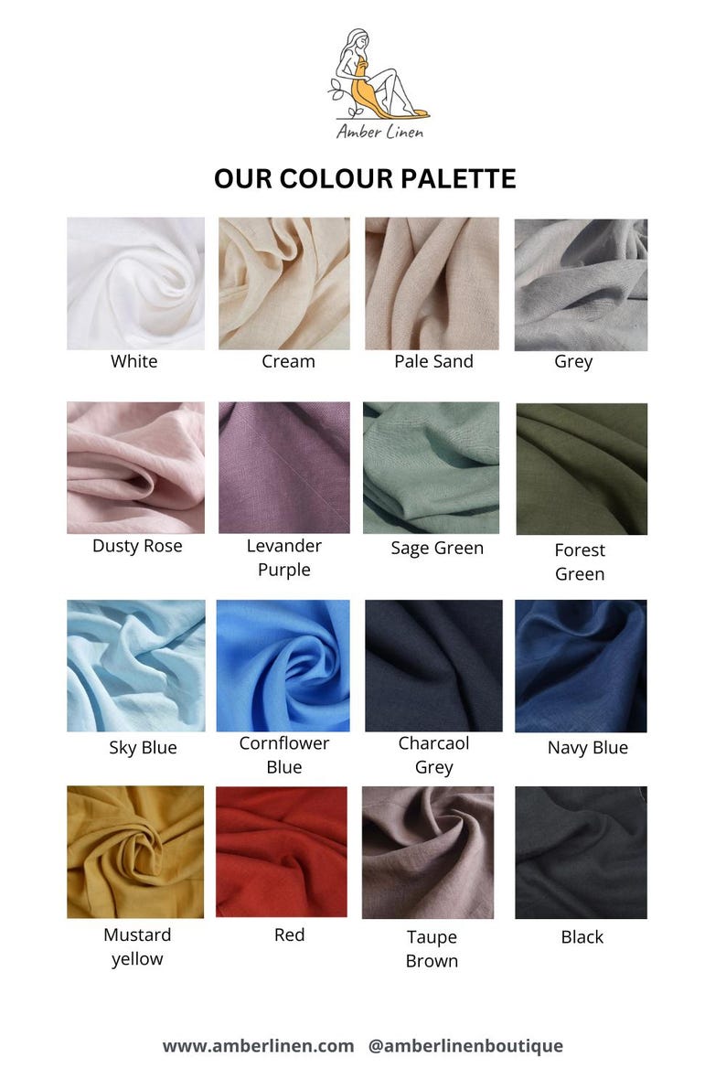 May include: Color palette from Amber Linen featuring swatches of fabric in various colors, including white, cream, pale sand, grey, dusty rose, lavender purple, sage green, forest green, sky blue, cornflower blue, charcoal grey, navy blue, mustard yellow, red, taupe brown, and black.