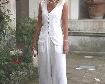 Custom White Linen Pantsuit - Timeless Elegance for Brides and Bridesmaids, Wedding bridal pantsuit, Linen vest and pants set of two