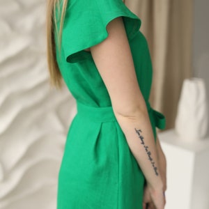 Capri Linen Dress in emerald green, midi length relaxed fit sundress with pockets, loose fit vacation linen clothing with belt, low high hem image 7