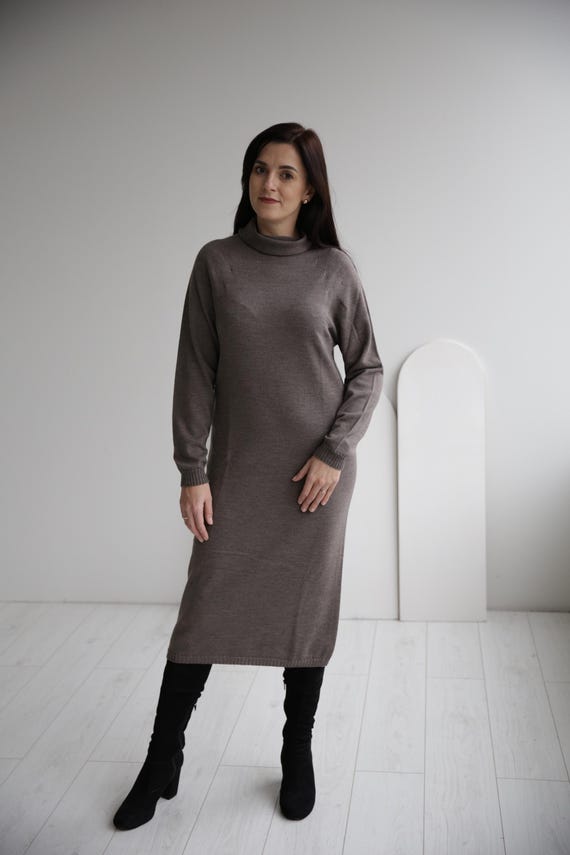 M and L size Merino Wool Midi Sweater Dress: Taupe Knit Tunic, Maternity Friendly M and L size Merino Wool Midi Sweater Dress: Taupe Knit Tunic, Maternity Friendly
