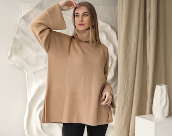 Ready to Ship Premium Wool Sweater in ONE size, Camel color knitted turtleneck pullover, roll neck jumper for office or gift for her