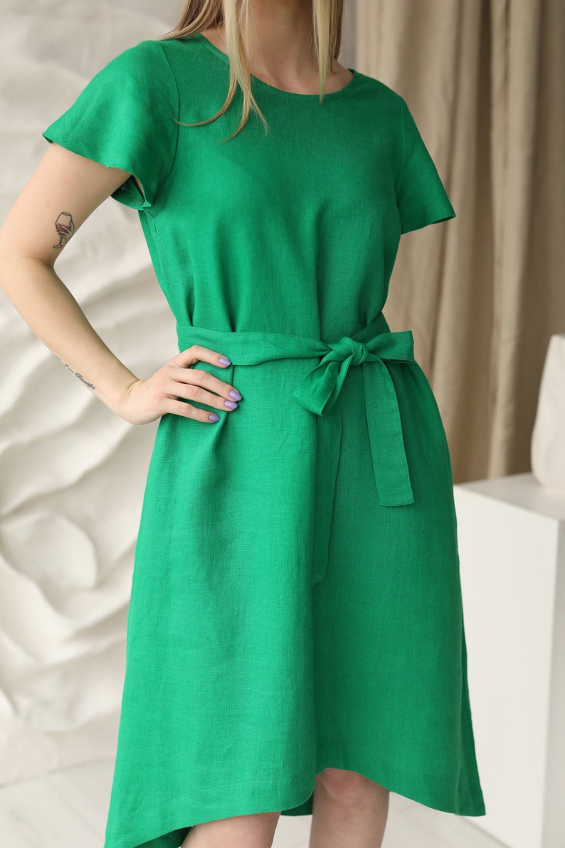 Capri Linen Dress in emerald green, midi length relaxed fit sundress with pockets, loose fit vacation linen clothing with belt, low high hem image 3