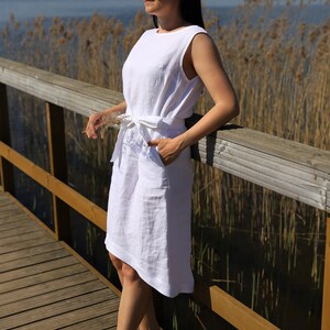 Amalfitano White Linen Dress, midi linen clothing for women, sleeveless handmade sundress for ladies , women linen summer vacation outfit image 7