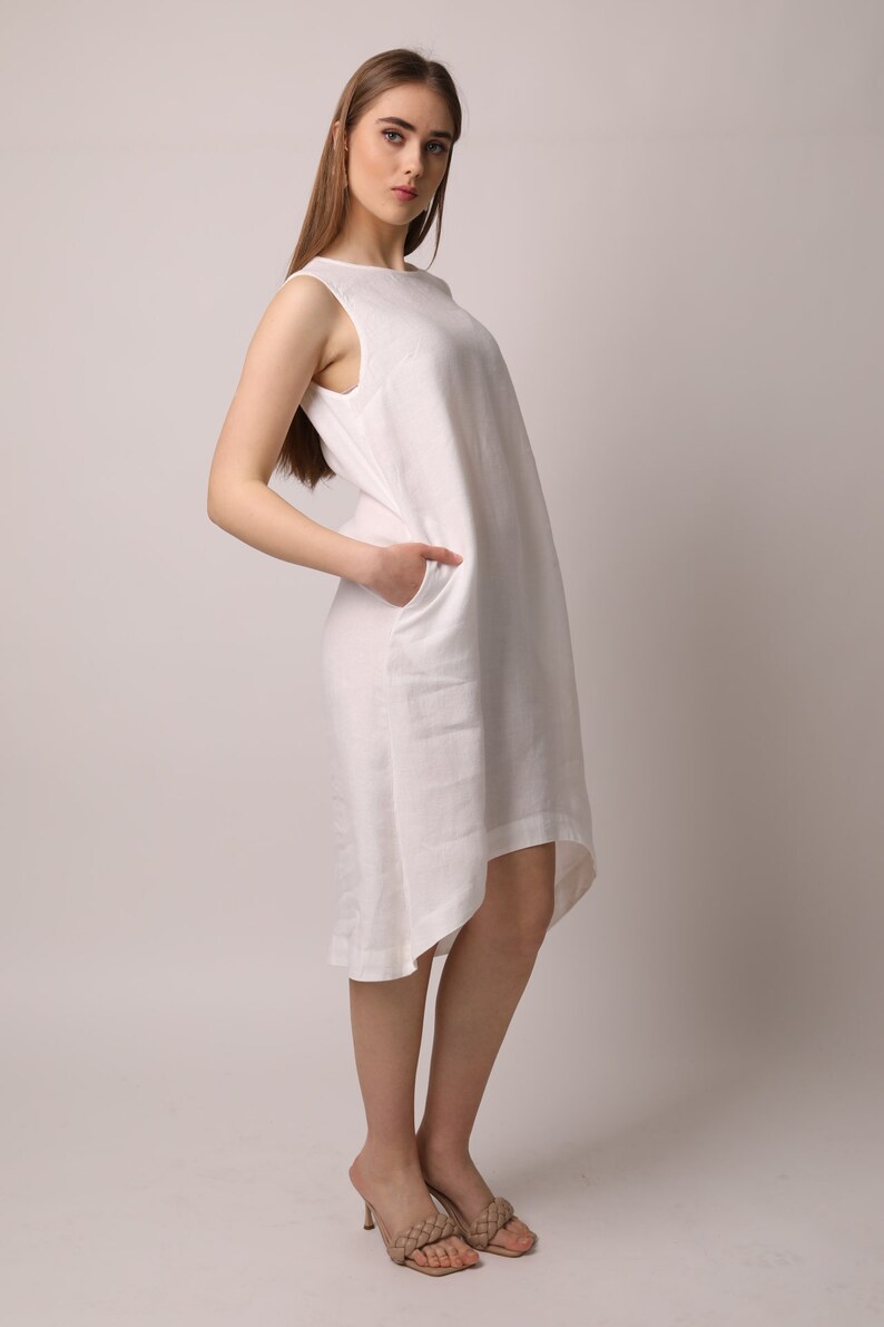 Amalfitano White Linen Dress, midi linen clothing for women, sleeveless handmade sundress for ladies , women linen summer vacation outfit image 5