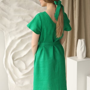 Capri Linen Dress in emerald green, midi length relaxed fit sundress with pockets, loose fit vacation linen clothing with belt, low high hem image 6