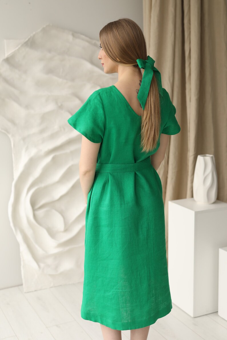 Capri Linen Dress in emerald green, midi length relaxed fit sundress with pockets, loose fit vacation linen clothing with belt, low high hem image 6