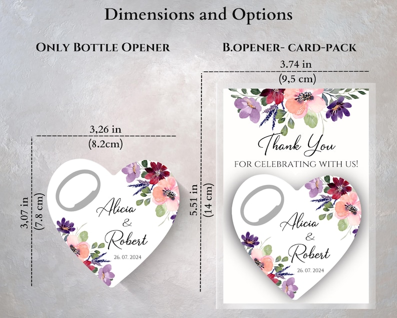 Może przedstawiać: Otwaracz do butelek w kształcie serca z kwiatowym wzorem w odcieniach r&oacute;żowego, fioletowego i zielonego. Otwaracz zawiera imiona "Alicia & Robert" i datę "26. 07. 2024". Ma wymiary 7,8 cm x 14 cm.