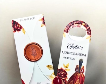 Quinceañera Bottle Opener/ Magnet Favors with Elegant Boxes and Wax Seal.
