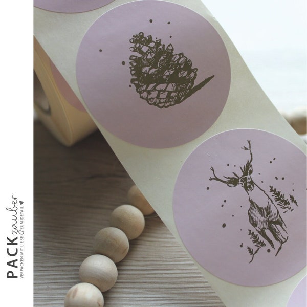 Aufkleber rund | "rosa mit goldenen Wintermotiven" | Sticker 50 mm | 5 verschiedene Motive