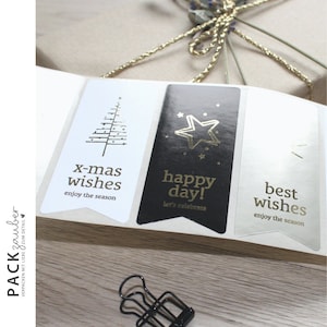 Aufkleber Fähnchen | Winter Weihnachten | in schwarz, weiss, champagner-Tönen & goldener Schrift | Sticker 80 x 30 mm | 3 Motive