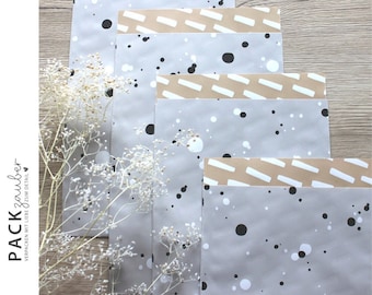 Paper bag | Gift bag | Flat bag | 12.5 x 21 cm | grey with black and white dots, beige with white stripes