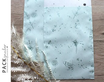 Paper bag | Gift bag | Flat bag | 12.5 x 21 cm | light green beige with insects flowers dots butterflies