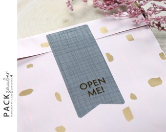 Sticker flags | open me | in gray, white, beige tones & gold | Sticker 80 x 30 mm | Closure