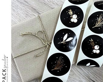 Round stickers | Christmas | black, white, gold | 50 mm stickers | 3 different designs