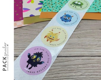 Round stickers, 5 cm "Little Monsters" 5 designs "I love you so much I could eat you up"