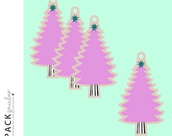 Gift tags "Christmas tree" | Set of 4 | Pink - printed on one side | 6.5 x 11 cm
