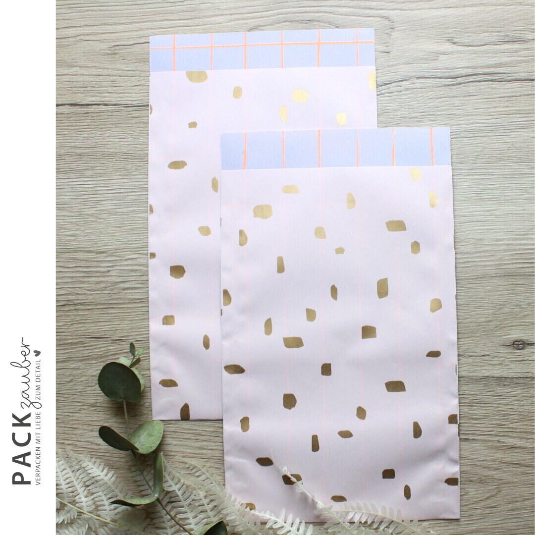 Paper bag | Gift bag | Flat bag | 12.5 x 21 cm | abstract dots stripes pink gold purple orange