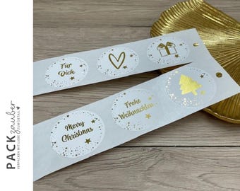 Round stickers, 5 cm "Merry Christmas" white/gold 6 designs