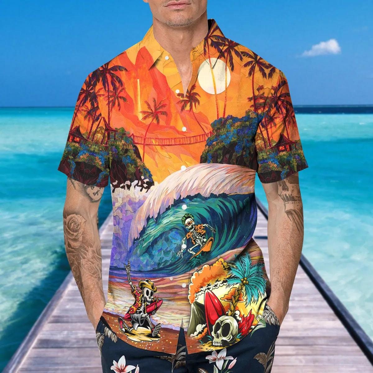 Discover Skull Surfing Dream Land Hawaiian Shirt, Starships Beach Button Shirt, Star Wars Tropical Shirt, Button Up Shirt