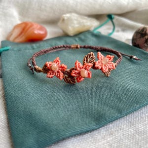 Peach Sunstone Macrame Bracelet, Boho Flower Crystal Healing Jewelry