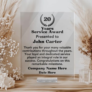 Personalised 20th Work Anniversary Plaque with stand-Employee Recognition Award- Employee Appreciation-Workiversary Gift-20 Years Of Service