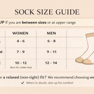 May include: Sock size guide with size chart for women and men. The chart includes sizes small, medium, and large, with corresponding shoe sizes. The guide also features two socks and text that says "Size up if you are between sizes or at upper range."