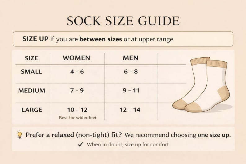 May include: Sock size guide with size chart for women and men. The chart includes sizes small, medium, and large, with corresponding shoe sizes. The guide also features two socks and text that says "Size up if you are between sizes or at upper range."