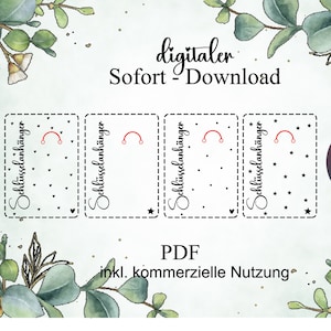 Op de afbeelding: Digitale PDF-download met vier sleutelhangerontwerpen met rode accenten en verschillende patronen. De afbeelding bevat Duitse tekst, omgeven door aquarel eucalyptus en bloemelementen. De PDF bevat commercieel gebruik.