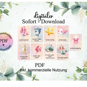 Cartes d'affirmation pour enfants au design de sirène magique, imprimables en PDF, téléchargement instantané