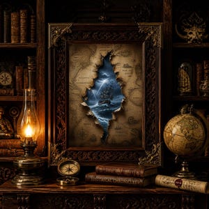 May include: A framed artwork featuring a vintage map with a central tear revealing a stormy ocean scene with a sailing ship under lightning. The dark wooden frame is ornate, surrounded by antique books, a lit oil lamp, a globe, and a compass.