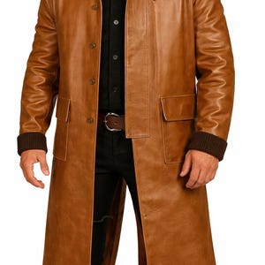 Abrigo largo de cuero estilo vaquero antiguo para hombre.