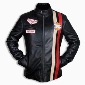 Veste Steve McQueen pour homme - Le Mans - Veste en cuir de motard de course Gulf Stripes multicolores pour homme
