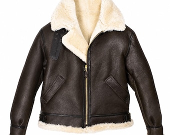 B3 Brown Bomber WWII Real Cowhide Leather Flight Aviator Jacket with Faux Shearling | Vintage Pilot RAF Style Winter Jacket for Men