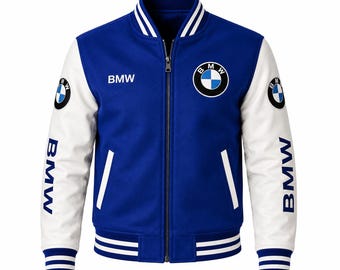 Chaqueta universitaria azul BMW para hombre / Chaqueta bomber estilo motero / Abrigo de estilo urbano de carreras / Chaqueta de cuero premium con mangas