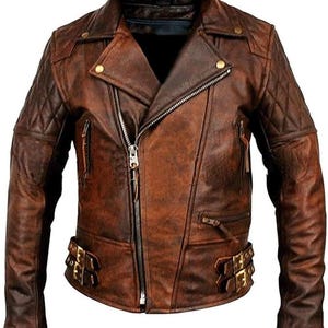 Blouson motard Cafe Racer vintage en cuir marron effet vieilli pour homme