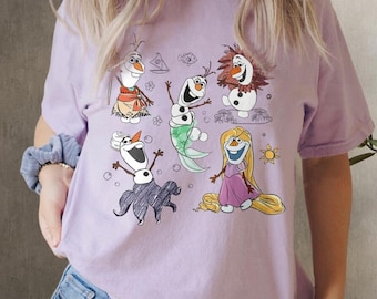 Camiseta retro de Disney Olaf con bocetos de princesas, Olaf Frozen WDW Magic Kingdom Disneyland, regalo de vacaciones familiares