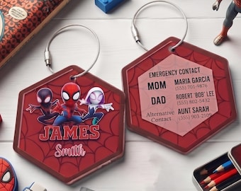 Personalized Spidey And His Amazing Friends Daycare Bag Tag, 2 Layer Acrylic Name Tag For Boy, Peter Parker Tag, Birthday Gift For Kid