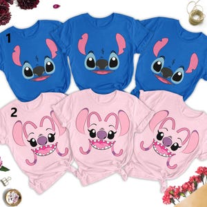 Stitch And Angel Shirt, Stitch Family Matching Custom Shirt, Blue And Pink Dog Couple Tee, Halloween Costume Party Shirt, Magic Kingdom Tee image 1