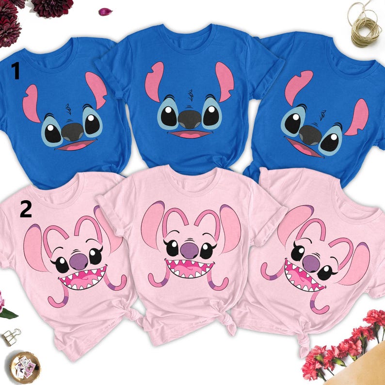 Stitch And Angel Shirt, Stitch Family Matching Custom Shirt, Blue And Pink Dog Couple Tee, Halloween Costume Party Shirt, Magic Kingdom Tee image 1