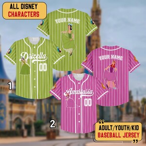 May include: Baseball jerseys with Disney character designs. The jerseys are green and pink with white pinstripes. The jerseys feature the names "Drizella" and "Anastasia" with the number "00". The text "ALL DISNEY CHARACTERS" and "ADULT/YOUTH/KID BASEBALL JERSEY" are also visible.