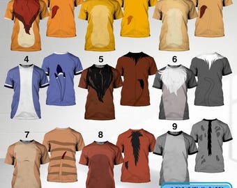Pode incluir: Uma coleção de camisetas de fantasia para adultos e crianças. As camisas apresentam vários designs inspirados em animais, incluindo crinas de leão, padrões de pele e outros gráficos temáticos de personagens. As camisas são em várias cores, incluindo laranja, marrom e cinza.