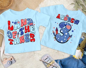 Personalized Land of the Three Birthday shirt, Custom 4th Of July 3rd Birthday Kid Shirts, America Patriotic Family Independence Day Tee RE