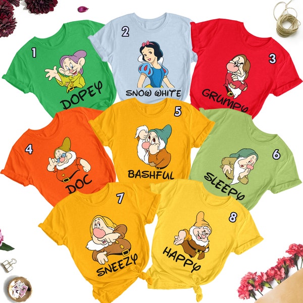 Camisas a juego de Seven Drawfs, camisa del grupo de los 7 enanitos, camiseta a juego de disfraces de película de personajes de Blancanieves y los siete enanitos, camisa de viaje familiar