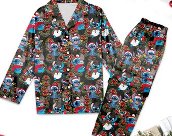 Stitch Santa Hat Christmas Pajamas, Lilo And Stitch Christmas Pajama Set, Stitch Xmas Party Holiday Pyjamas, Magic Kingdom 3D Shirt