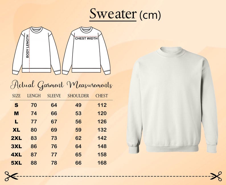 a sweater (cm) size chart with actual garment measurements, including size, length, sleeve, shoulder, and chest measurements.