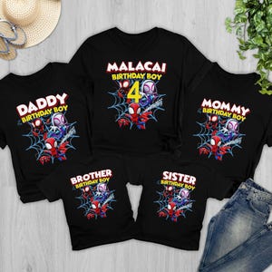 Camiseta de cumpleaños familiar personalizada de Spidey y sus increíbles amigos, camiseta a juego de Spider, regalo de Spidey para niños, camisetas de fiesta familiar de superhéroes imagen 1