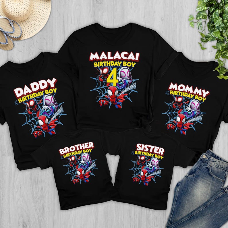 Camiseta de cumpleaños familiar personalizada de Spidey y sus increíbles amigos, camiseta a juego de Spider, regalo de Spidey para niños, camisetas de fiesta familiar de superhéroes imagen 1