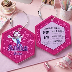 Personalized Gwen Stacy Daycare Bag Tag, Custom 2 Layer Acrylic Name Tag For Girl, Backpack Spidey Tag, Birthday Gift For Kid Student