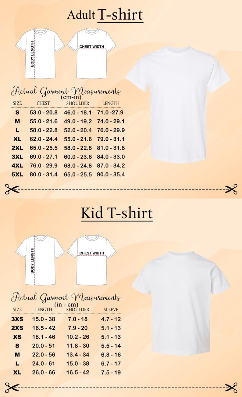a collection of adult t-shirt designs, including sizes and chest measurements, as well as a kid t-shirt design. The adult t-shirt designs are labeled with their respective sizes and chest measurements, while the kid t-shirt design is shown without any visible size information. The image is a collage of multiple images, and the text is described in a concise and clear manner, avoiding redundancy and focusing on the main visual content.
